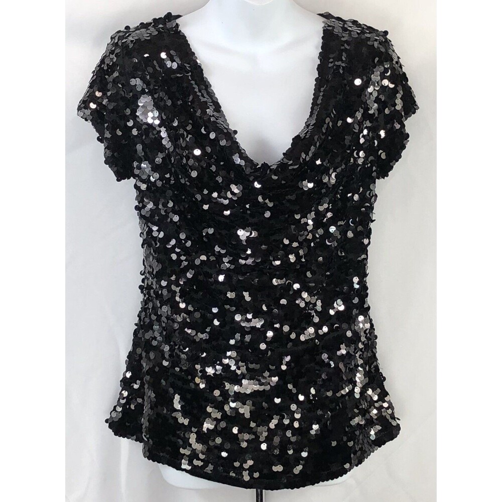 Inc Boutique Evening Heavy Sequins Top M Blk Drape Cowl Neck Party Deco Cocktail - Picture 5 of 6